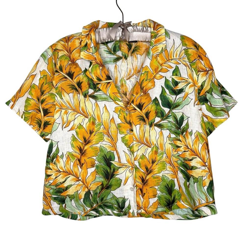Tahari 100% Linen Floral Short Sleeve Button Top Medium Hawaiian Tropical Beach‎